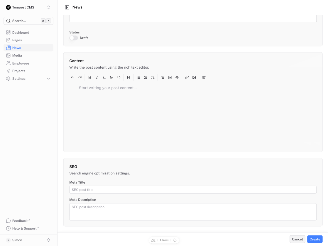 Write with a rich editor, optimised for search